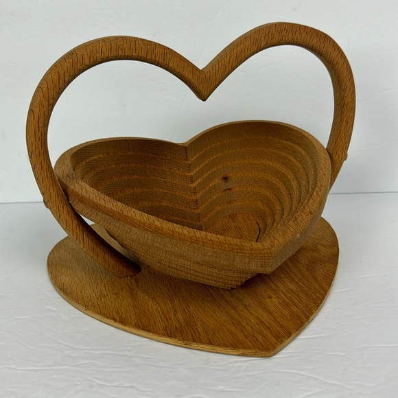 Hand Crafted Other - Handmade Signed Wood Heart Shape Collapsible Bowl Basket cottage amish trivet
